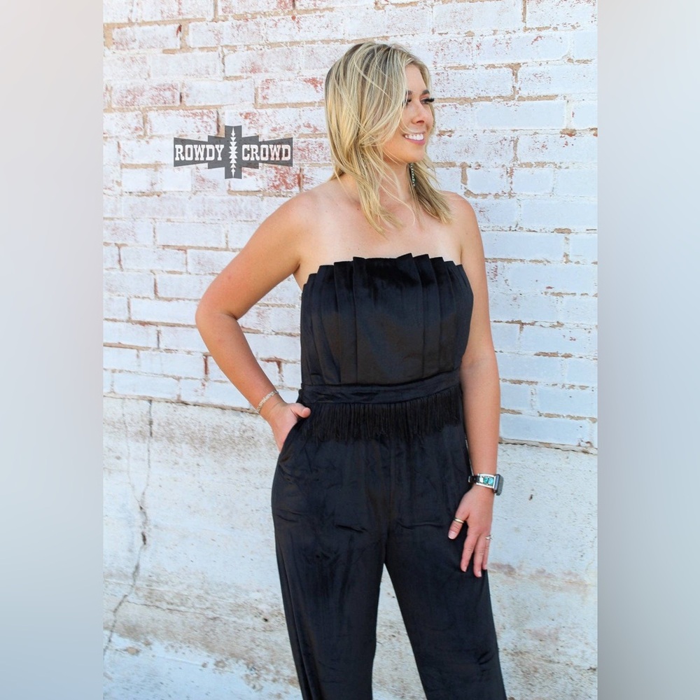 Strapless Black Velvet Pleated Jumpsuit - Picture 3 of 6